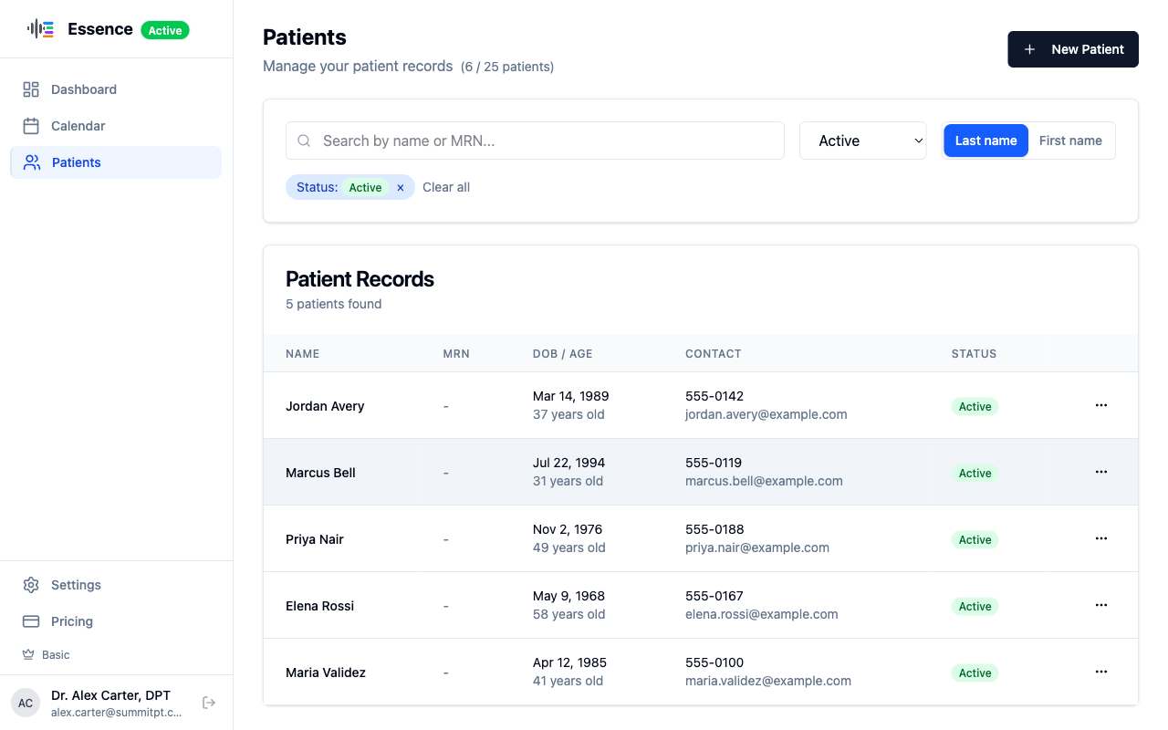 Patient caseload list in Essence, showing names, dates of birth, contact info, and status