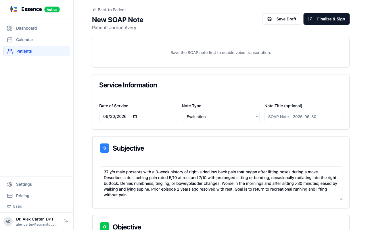 Structured SOAP note editor in Essence with Subjective, Objective, Assessment, and Plan sections